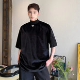 Hearujoy Turtleneck Collar Velvet T-shirt Korean Loose casual Streetwear Tops Men Clothing Summer Black harajuku Short Sleeve Stand